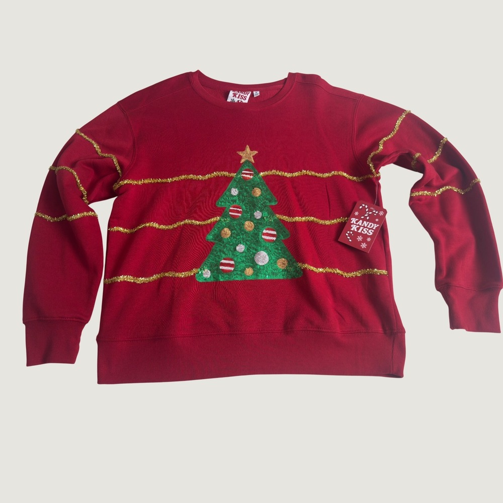 Kandy Kiss Red Sequin Christmas Tree Tinsel Sweatshirt Medium NEW Ugly Sweater
